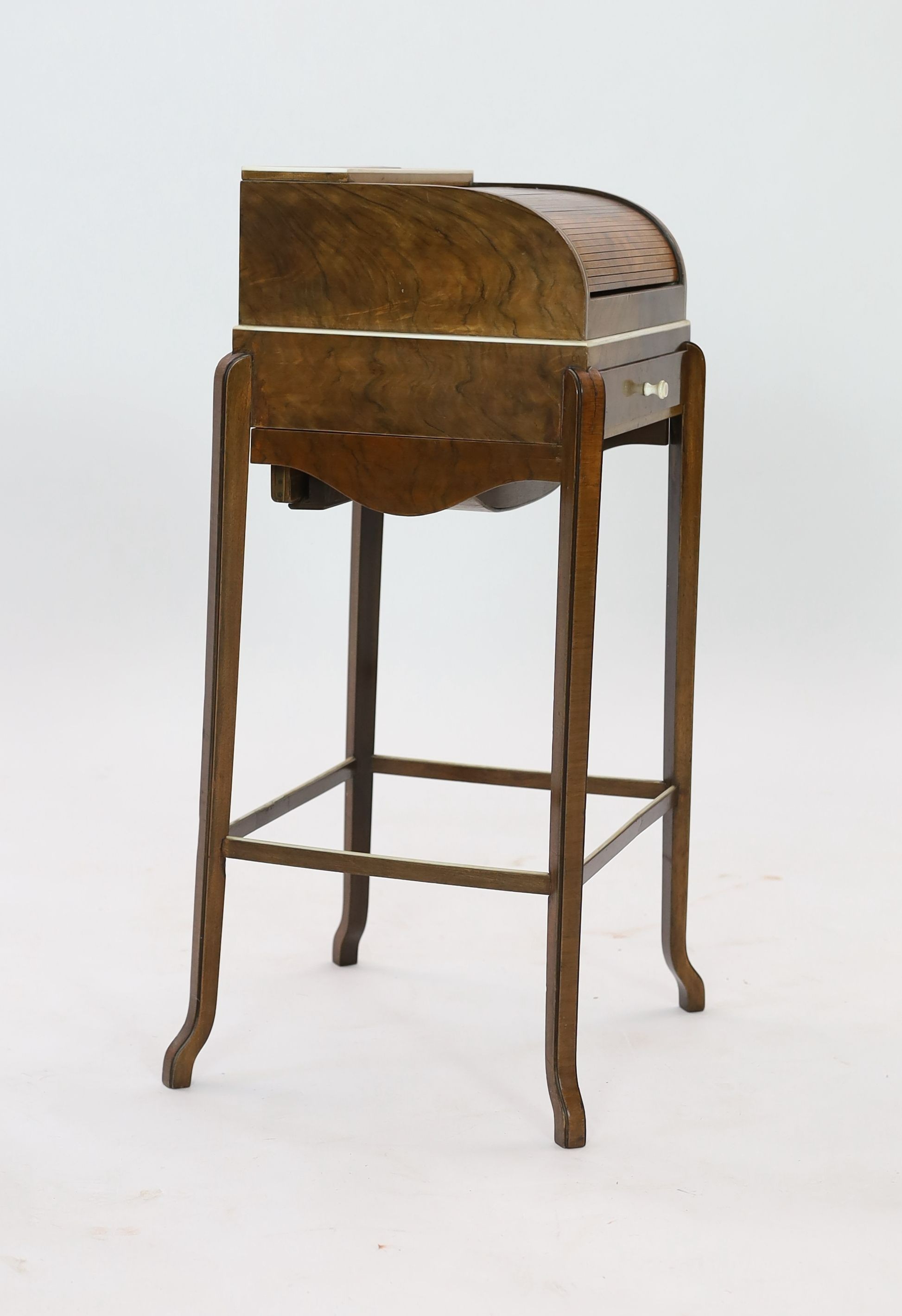 An Art Deco Maple & Co walnut and ivory beaded necessaire poudreuse table, c.1934